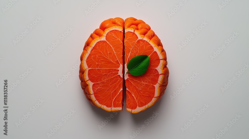 Poster a slice of orange with a leaf on top of it