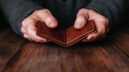 A man sits at a weathered wooden table, holding an open leather wallet in his hand. An empty wallet speaks of a lack of money and poverty.