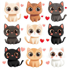 Fototapeta premium Nine Cute Cats with Big Eyes and Heart Accents