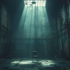 A solitary chair in a dimly lit industrial space with beams of light filtering through.