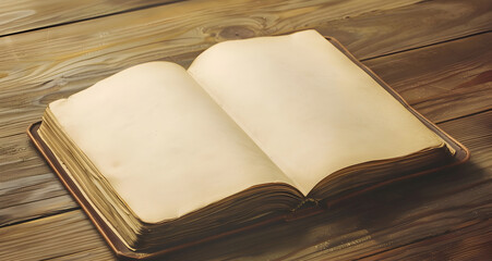 Top view of old open book with blank pages on wooden desk as copy space retro toned image
