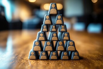 Stacked Wooden Figurines Representing Teamwork and Collaboration in a Modern Office Environment with Soft Lighting and a Warm Color Palette