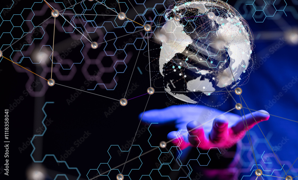Aufkleber world Global network. Blockchain. 3D illustration. Neural networks and artificial intelligence. Abstract