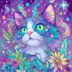 Whimsical Cat with Glowing Eyes in Colorful Wonderland