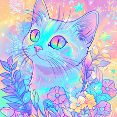 Colorful Cat with Glowing Eyes and Whimsical Elements