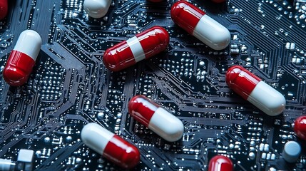 Red and white capsules scattered on a dark circuit board.