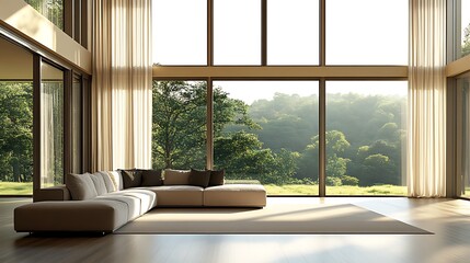 Fototapeta premium Modern living room with large windows overlooking a scenic landscape.