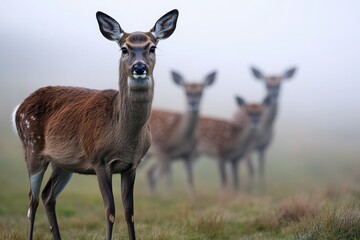 Obraz premium A serene scene of deer standing gracefully in a misty landscape, showcasing their beauty and elegance in nature.