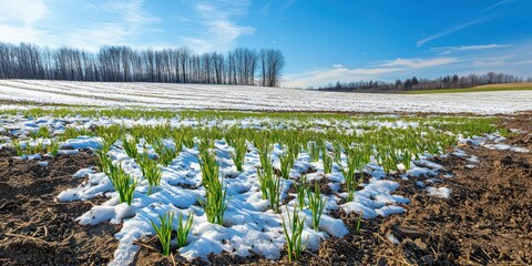 A blend of snowy patches with fresh green shoots emerging, capturing the transition from winter to spring under a bright sky.