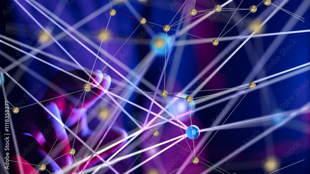 Poster Global network. Blockchain. 3D illustration. Neural networks and artificial intelligence. Abstract
