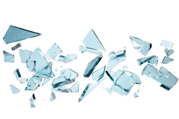 Pieces of broken glass floating in various directions on a pure white background