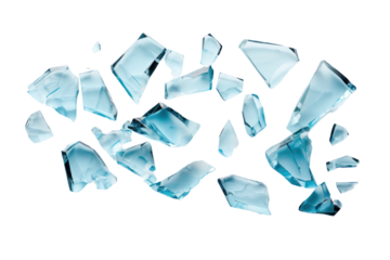 Pieces of broken glass floating in various directions on a pure white background