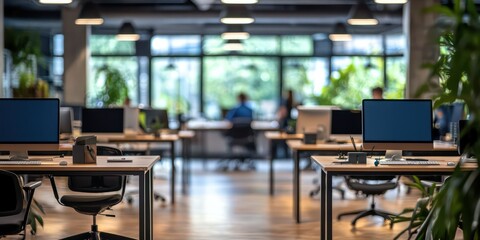 A blurred office background with desks, computers, and workers in the distance, creating a dynamic business atmosphere.