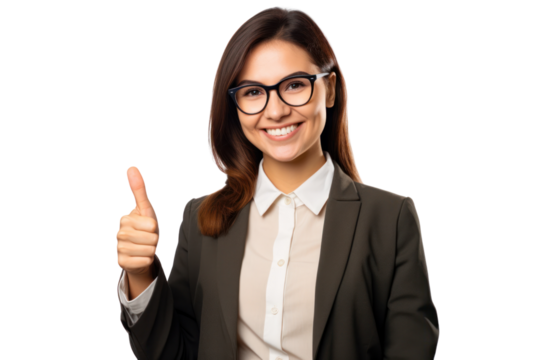 Positive female financial advisor in a smart blouse, smiling and giving a thumbs-up while holding a tablet, isolated on white background