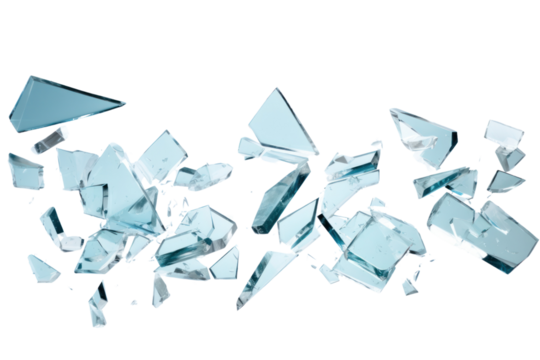 Pieces of broken glass floating in various directions on a pure white background