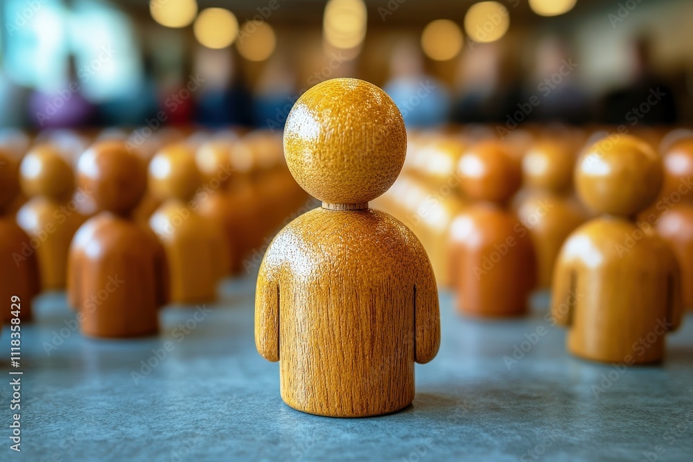 Poster wooden figurines in focus with a blurred background of similar figures representing individuality an