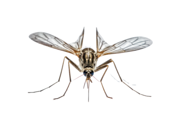 Mosquito in flight with a clear view of its body structure and wings isolated on white background