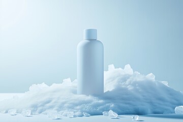 A bottle of lotion is sitting on top of a pile of snow. The bottle is white and the snow is blue. The scene is peaceful and serene, with the lotion bottle standing out against the white snow