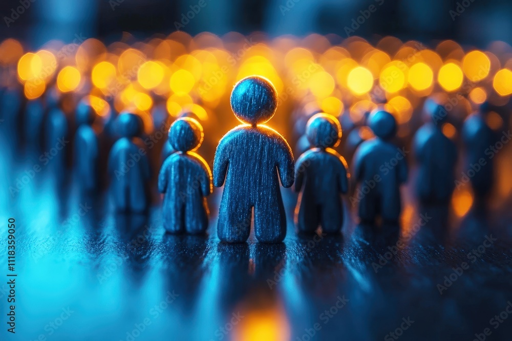 Poster a conceptual representation of community and leadership with silhouettes of people against a glowing