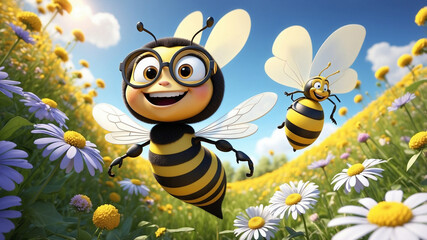 Vibrant Bee with Glasses Soaring Through a Sunny Meadow