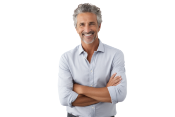 Mature professional man with a relaxed, confident grin, dressed in casual business attire, leaning against a white wall. Isolated on white background