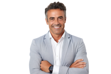 Mature professional man with a relaxed, confident grin, dressed in casual business attire, leaning against a white wall. Isolated on white background