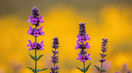 Obraz premium Three purple flowers are standing next to each other in a field