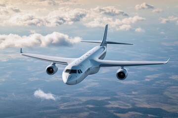 Fototapeta premium A stunning aerial view of a commercial airplane soaring through the clouds, showcasing modern aviation technology and travel.