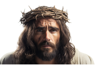 Jesus with a crown of thorns, showing a look of sacrifice and strength, rendered with a soft focus on a white background, isolated on white background