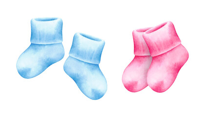 Pink and blue newborn socks. Watercolor hand drawn illustration isolated on white background. Baby girl or boy, she or he socks for baby shower, birthday, gender reveal party invitation, cards, print