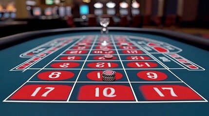 Roulette table in a casino with chips and ball.