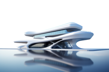 Futuristic building design with sleek lines and minimalistic structure, isolated on white background