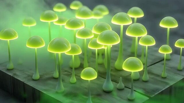 Green glowing mushrooms in science lab