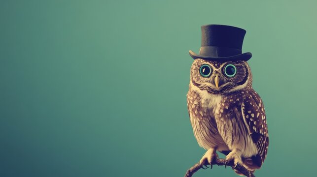 A small owl wearing a charming top hat sits elegantly on a branch. Its bright, expressive eyes shine against a soft green backdrop, showcasing a playful and whimsical moment