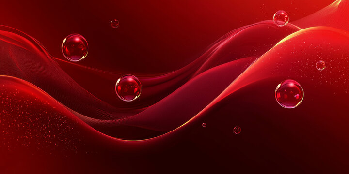 Abstract red background with waves and glowing and shimmering bubbles, 3D rendering illustration, red color scheme