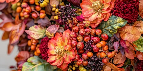 A close-up of a handmade wreath featuring vibrant autumn flowers and foliage, perfect for seasonal decoration.