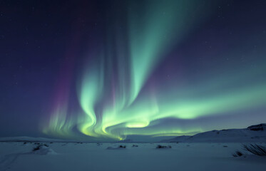 Stunning northern lights illuminating a snowy Arctic landscape, perfect for winter adventure themes.