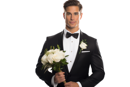Elegant groom holding a bouquet of flowers, looking poised and refined in his tuxedo isolated on white background