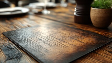 Rustic wooden placemat on a table.