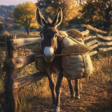 A hardworking donkey plods along a rustic fence, burdened with stacked sacks. The warm glow of autumn sunset illuminates the countryside, creating a tranquil scene