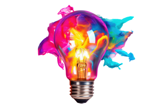 Dramatic spray of paint enveloping a shining lightbulb, featuring a range of colors such as pink, cyan, isolated on white background - Powered by Adobe