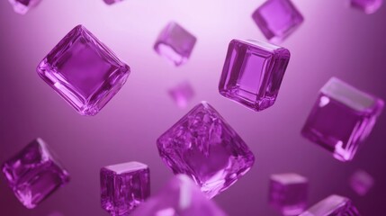 Abstract purple glass cubes falling on purple background.