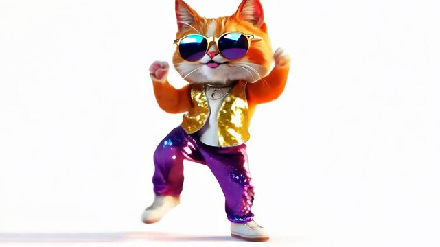 Cute 3D Animated Cat in Stylish Sunglasses and Shiny Outfit Dancing