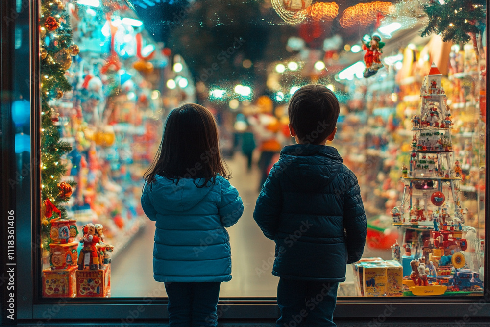 Wall mural children looking through store window at christmas	