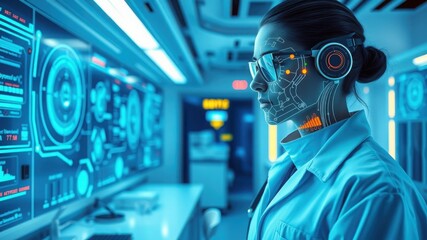 Cybernetic Scientist: A futuristic female scientist, wearing augmented reality glasses, analyzes data on holographic screens in a high-tech laboratory.