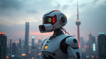 A sleek white humanoid robot stands tall against a futuristic cityscape, its glowing eyes reflecting the city lights and hinting at a future where technology and humanity converge.