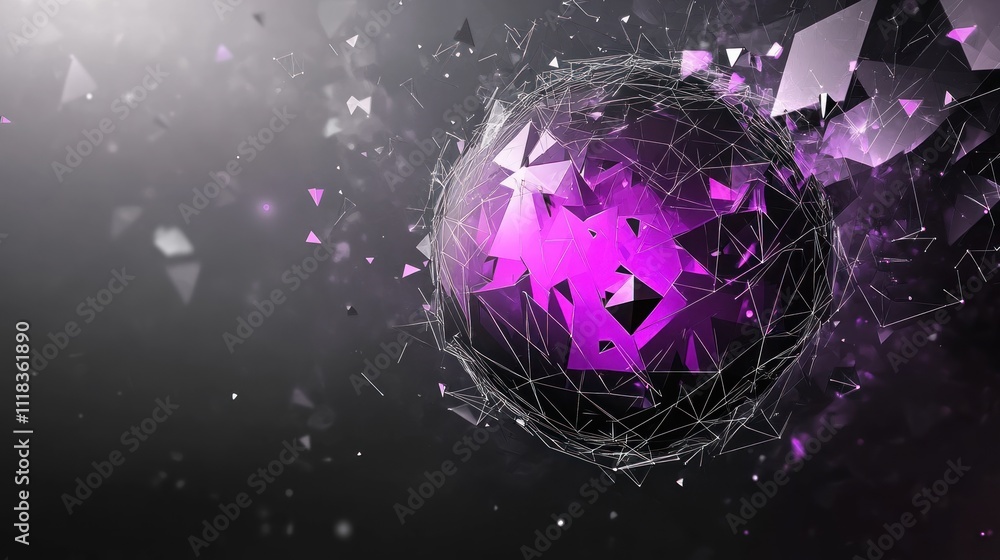Poster abstract purple sphere with geometric shapes and lines, exploding particles and glowing effect on da