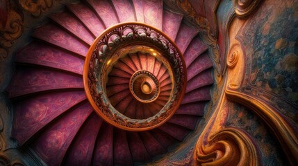 Fototapeta premium Intricate spiral staircase with ornate details and rich color palette.