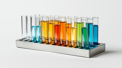 A vibrant array of test tubes filled with colored liquids, arranged neatly on a metal rack, showcasing a spectrum of hues.