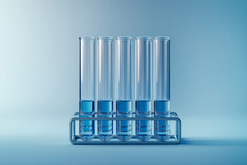 A clean and modern arrangement of test tubes filled with blue liquid, standing in a clear holder against a soft gradient background.